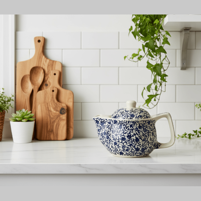 Blue and white teapot on a kitchen counter with wooden cutting boards and plants.