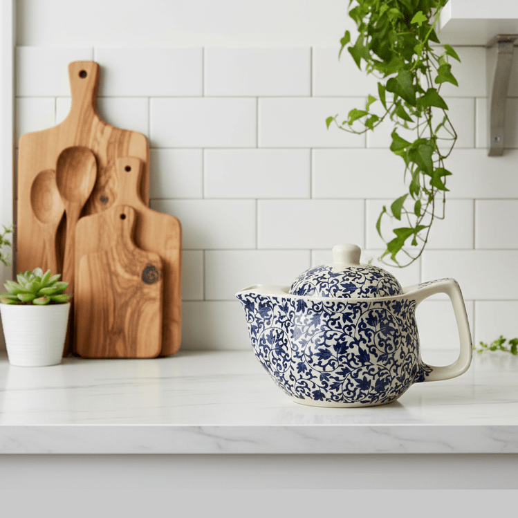 Blue and white teapot on a kitchen counter with wooden cutting boards and plants.