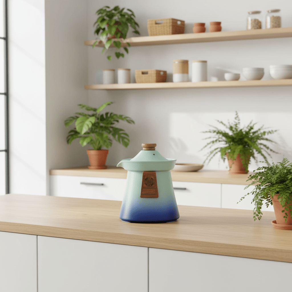 Decorative ceramic teapot on a kitchen counter with plants and shelves in the background