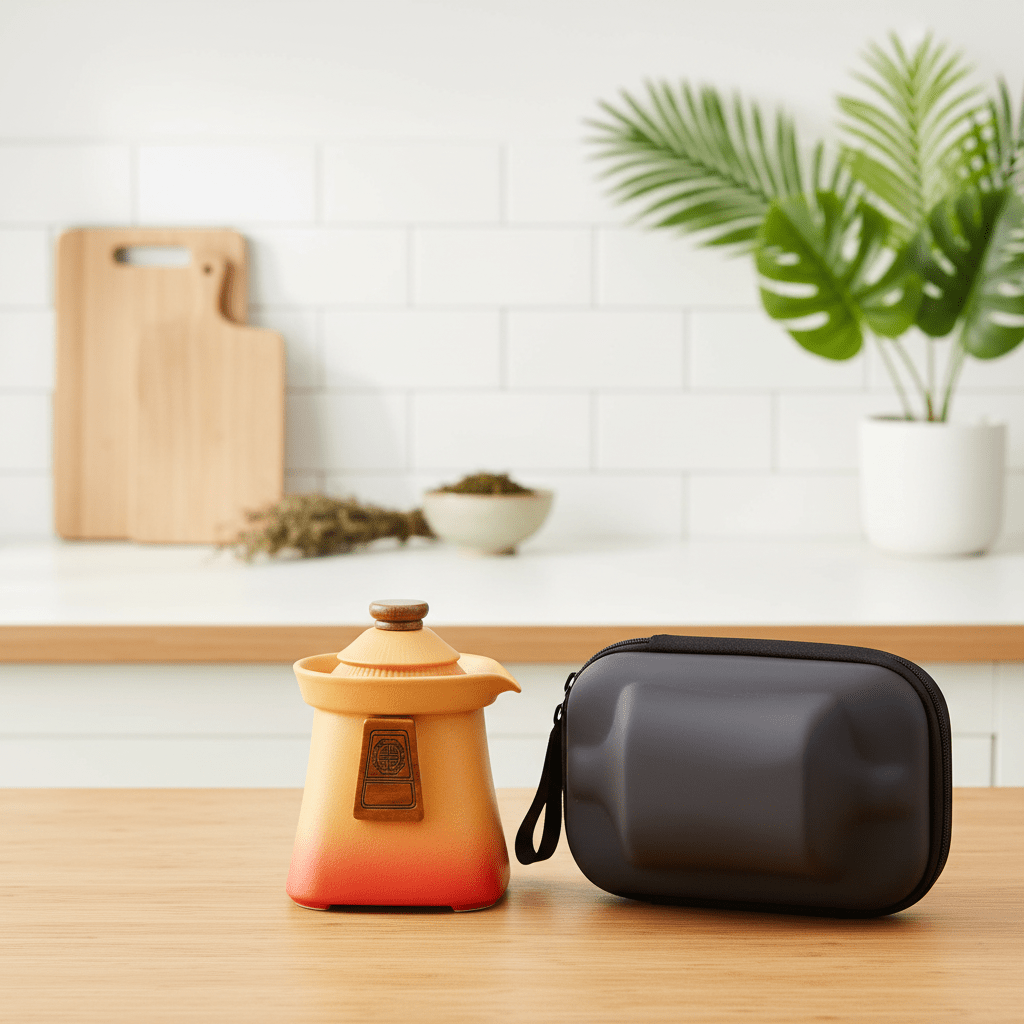 Small ceramic teapot with a lid and black carrying case on a wooden surface with a kitchen background.