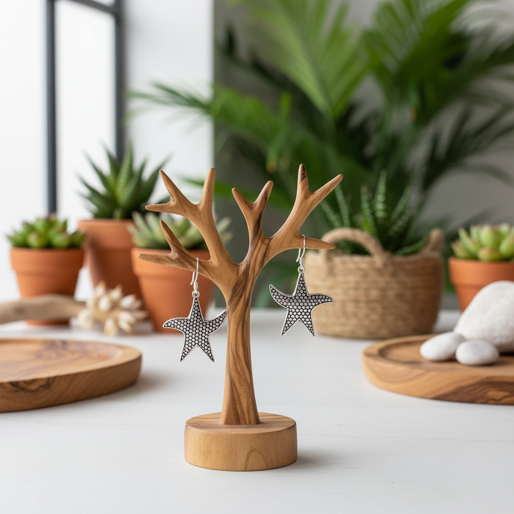 Two silver starfish-shaped earrings with black polka dots hang from a small wooden display stand shaped like a tree branch, set on a white tabletop with potted plants and wooden decor in the background.