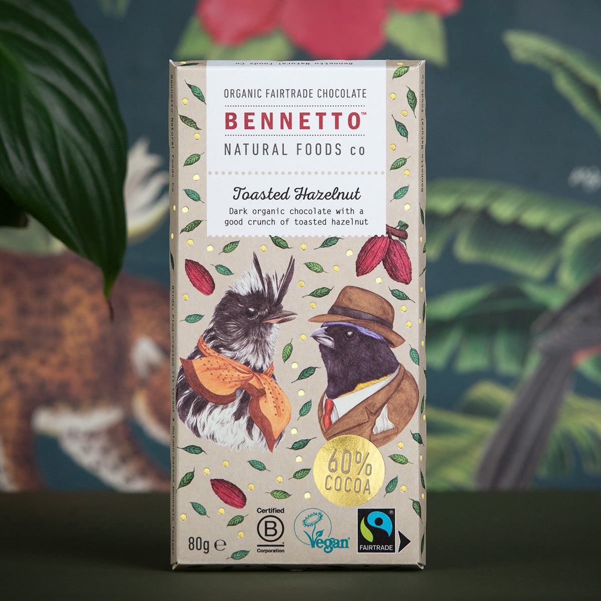 Bennetto chocolate bar packaging with birds illustration on a decorative background