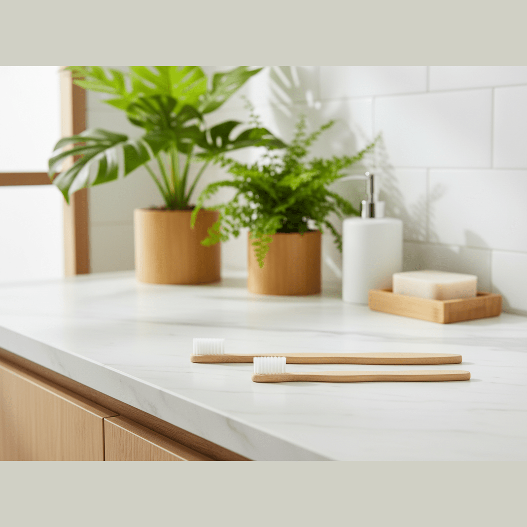 Bathroom counter with bamboo toothbrushes, soap, and plants on a white tiled wall background