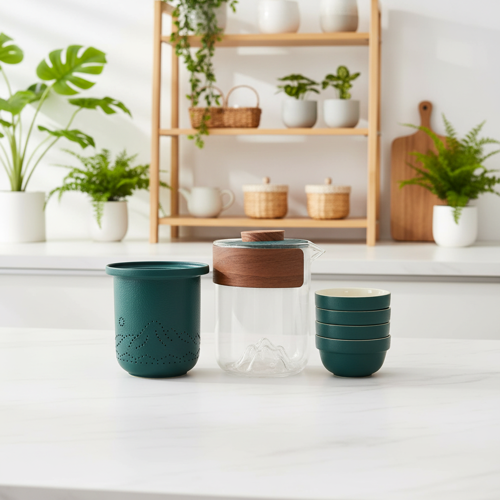 A set of green and clear tea brewing accessories on a white countertop, including a dark green cup, a clear glass teapot with a wooden lid, and a stack of three matching green cups, set against a bright kitchen background with plants and wooden shelves.