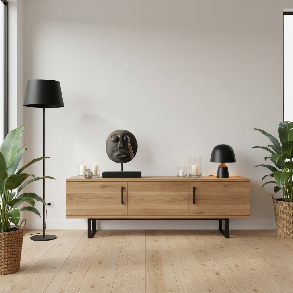 A light oak wood sideboard console with black metal legs and handles, styled in a minimalist room with a black floor lamp, a black table lamp, a decorative mask, candles, and potted plants.