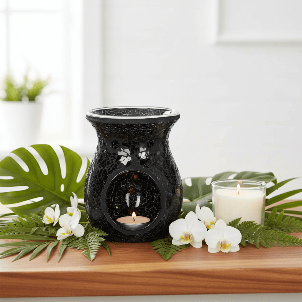 Black ceramic wax warmer with a candle on a wooden surface surrounded by green leaves and white flowers.