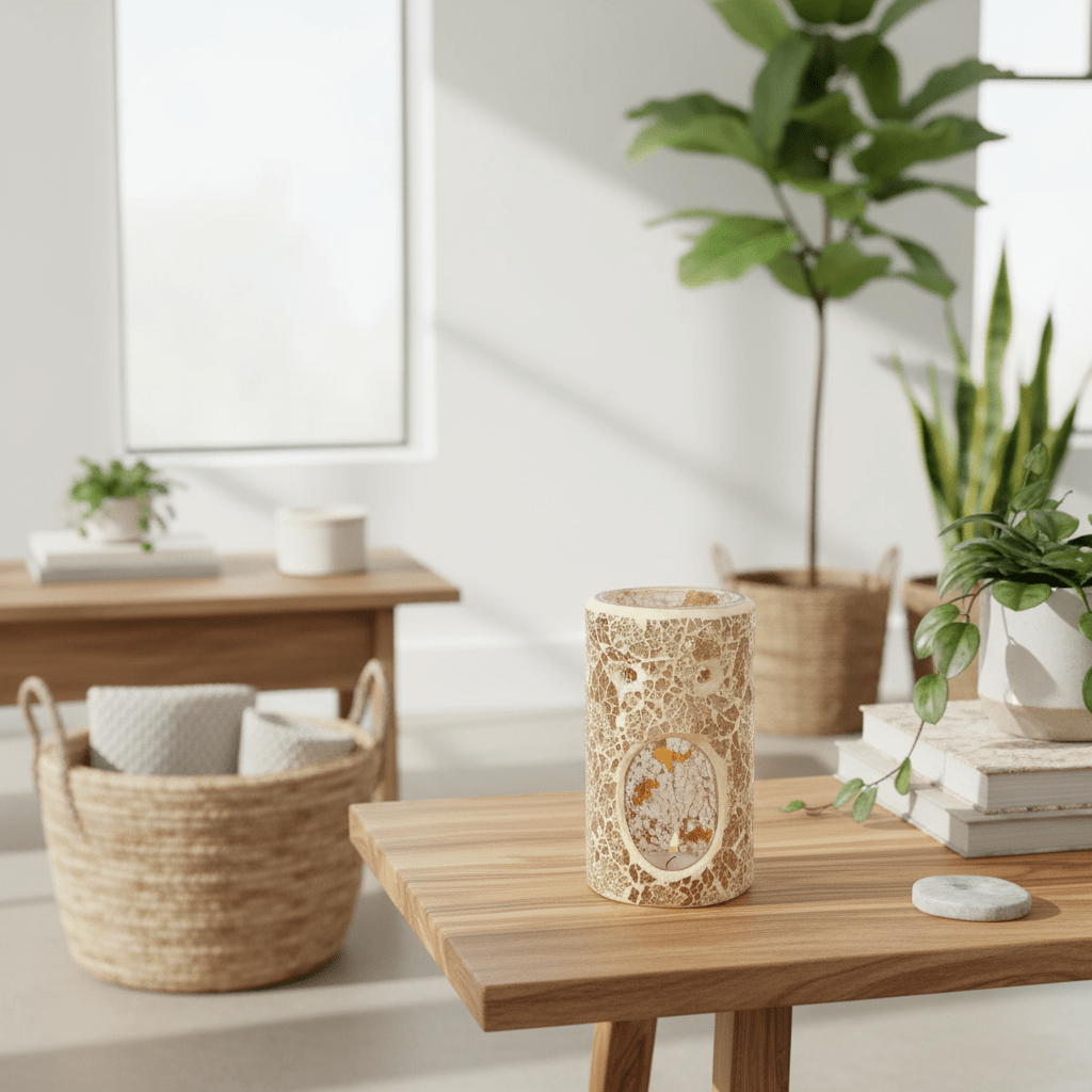 Crackle Glass Oil Burner - Gold Pillar - Home Fragrance Accessory