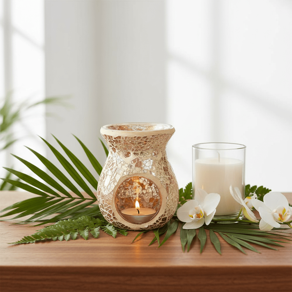 Decorative candle warmer with a lit candle on a wooden surface with green leaves and white flowers.
