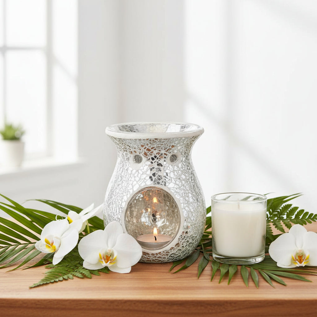 Something Different Oil Burner - Large Silver Crackle Glass Wax Melt Burner - Oil Warmer Home & Garden > Decor > Home Fragrance Accessories > Aroma Diffusers > Ceramic Oil Burners > Silver Crackle Glass Oil Burners emmy-jane-boutique.myshopify.com