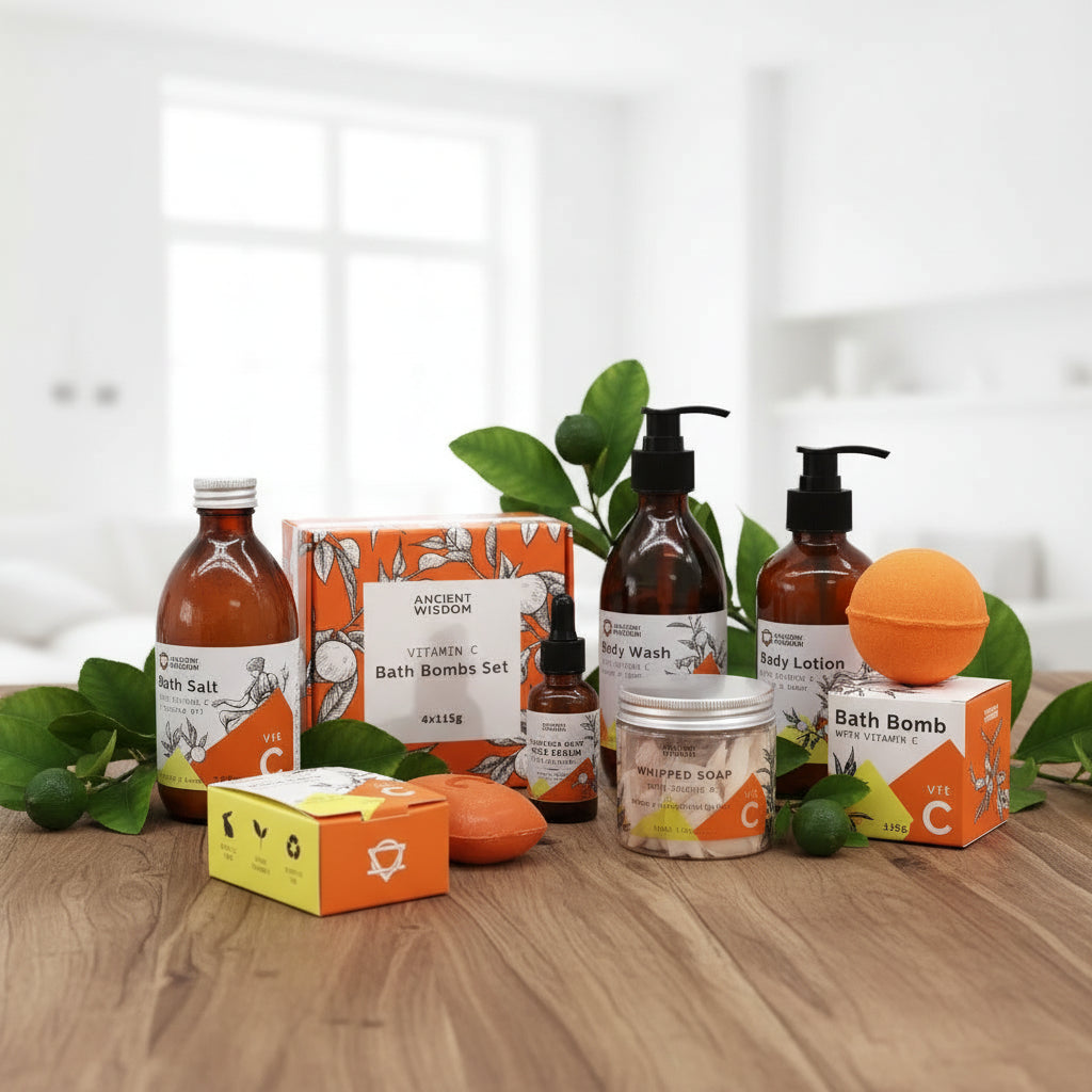 Ancient Wisdom Vitamin Bath Bomb Set featuring amber glass bottles, pump bottles, a jar, boxes, soap bar, bath bomb, and orange bath sponge on a white background.