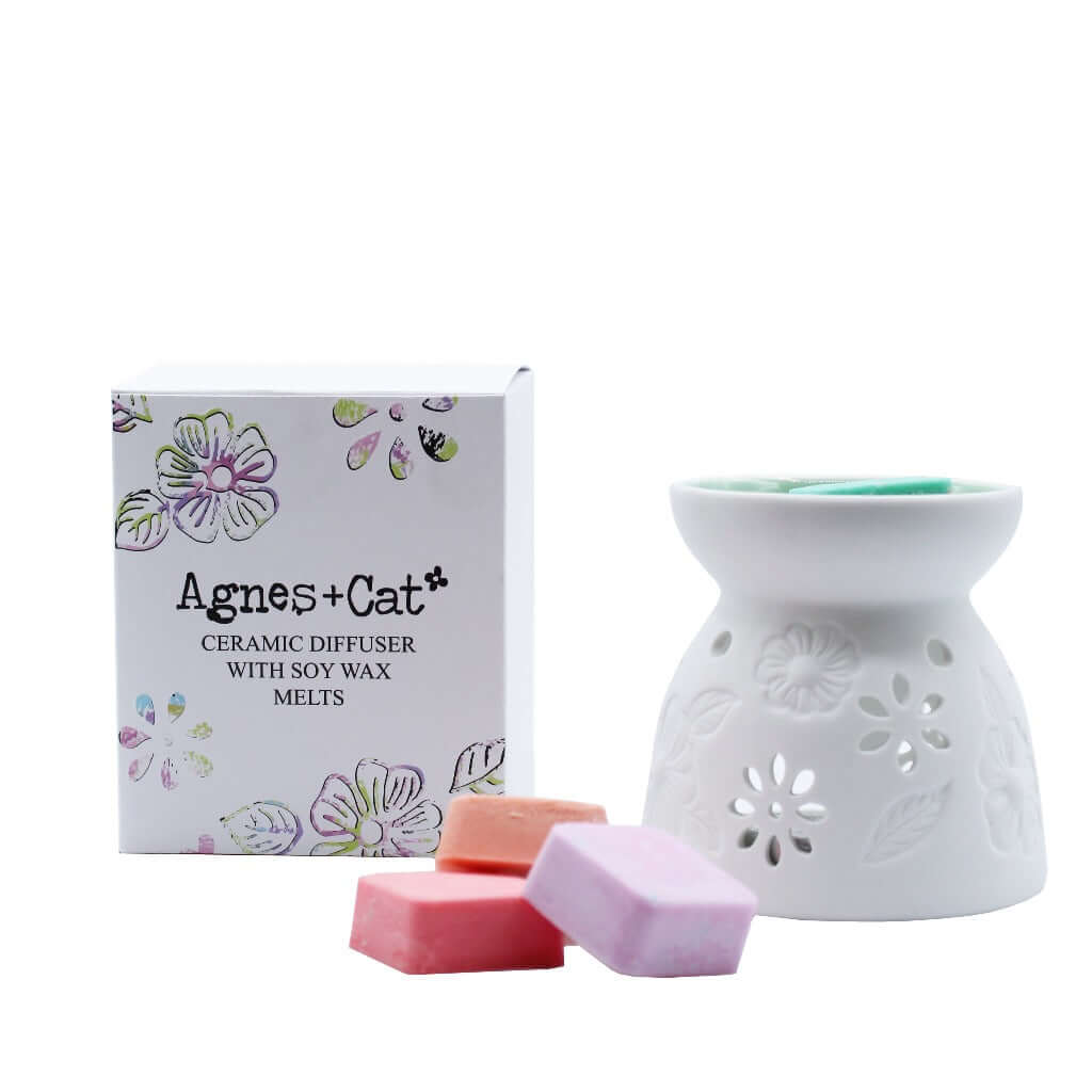 Emmy Jane - Ceramic Diffuser Gift Set with Soy Wax Melts from Agnes+Cat. Each oil burner has a pretty floral design, with leaves and flowers which allow the candlelight to shine through creating that relaxing atmosphere. Each diffuser comes with 4 soy wax melts: Seasalt & Moss, Tea and Roses, Rhubarb and Parma Violet.