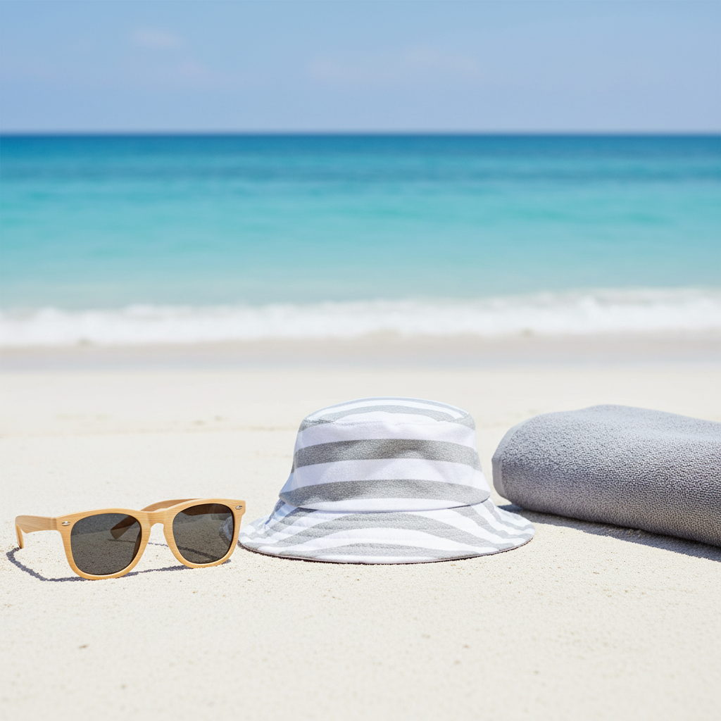 Sun hat, sunglasses, and towel on a sandy beach with ocean view