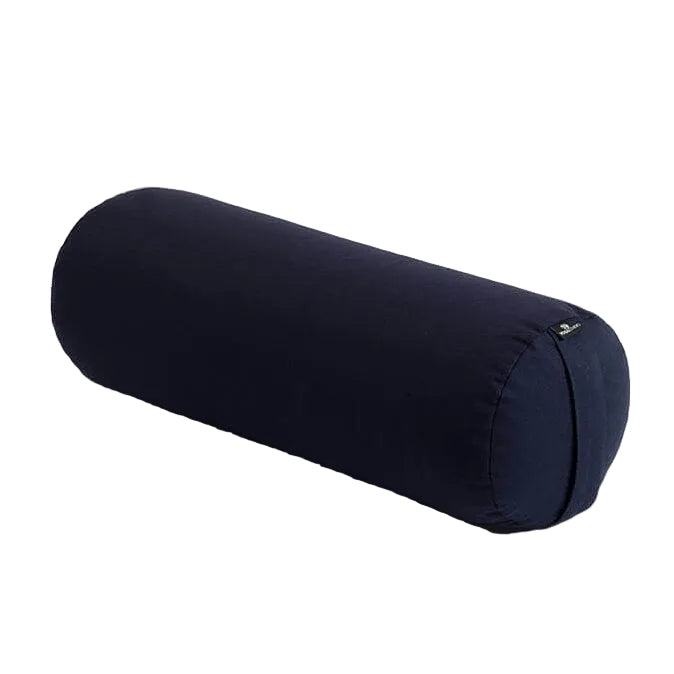 Navy blue cylindrical pillow on a light gray background