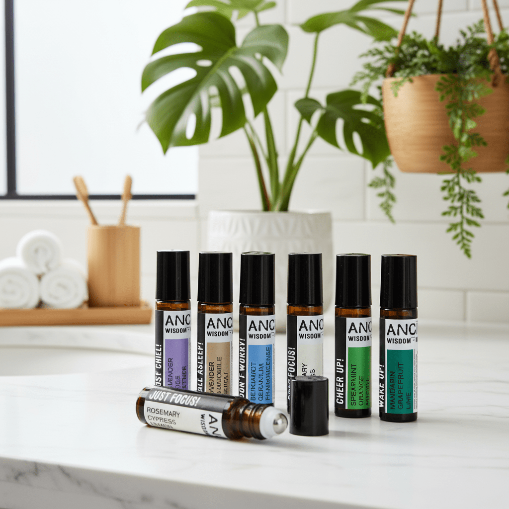 Set of ANCIENT WISDOM essential oil roller bottles on a white surface with plants in the background.