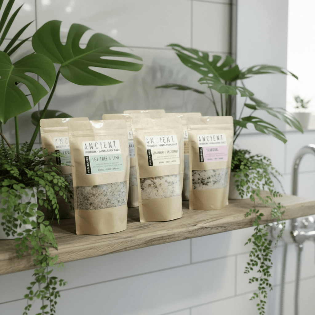 Five packages of 'Ancient Wisdom bath salts' on a wooden shelf with plants in the background.