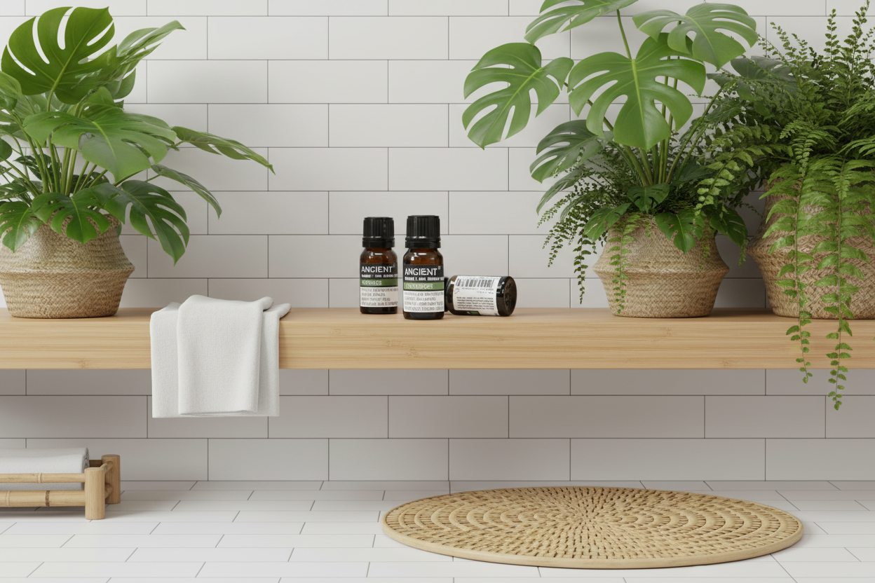 Bathroom setting with plants, essential oils, and a towel on a wooden shelf.