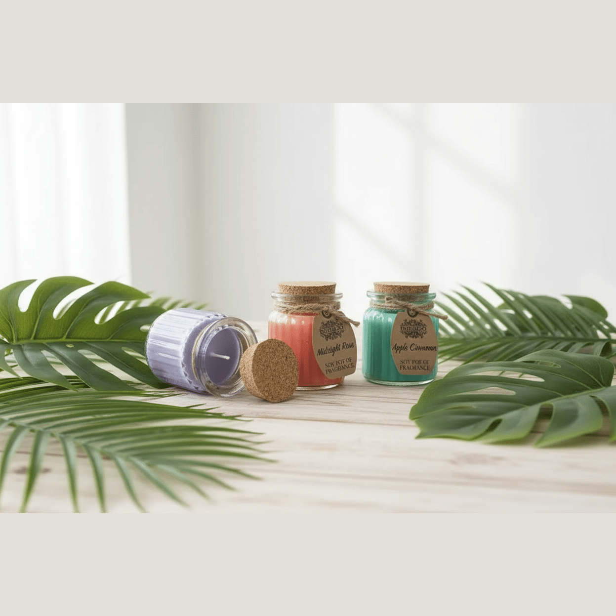 Three small jars of candles with decorative labels on a wooden surface with green leaves.