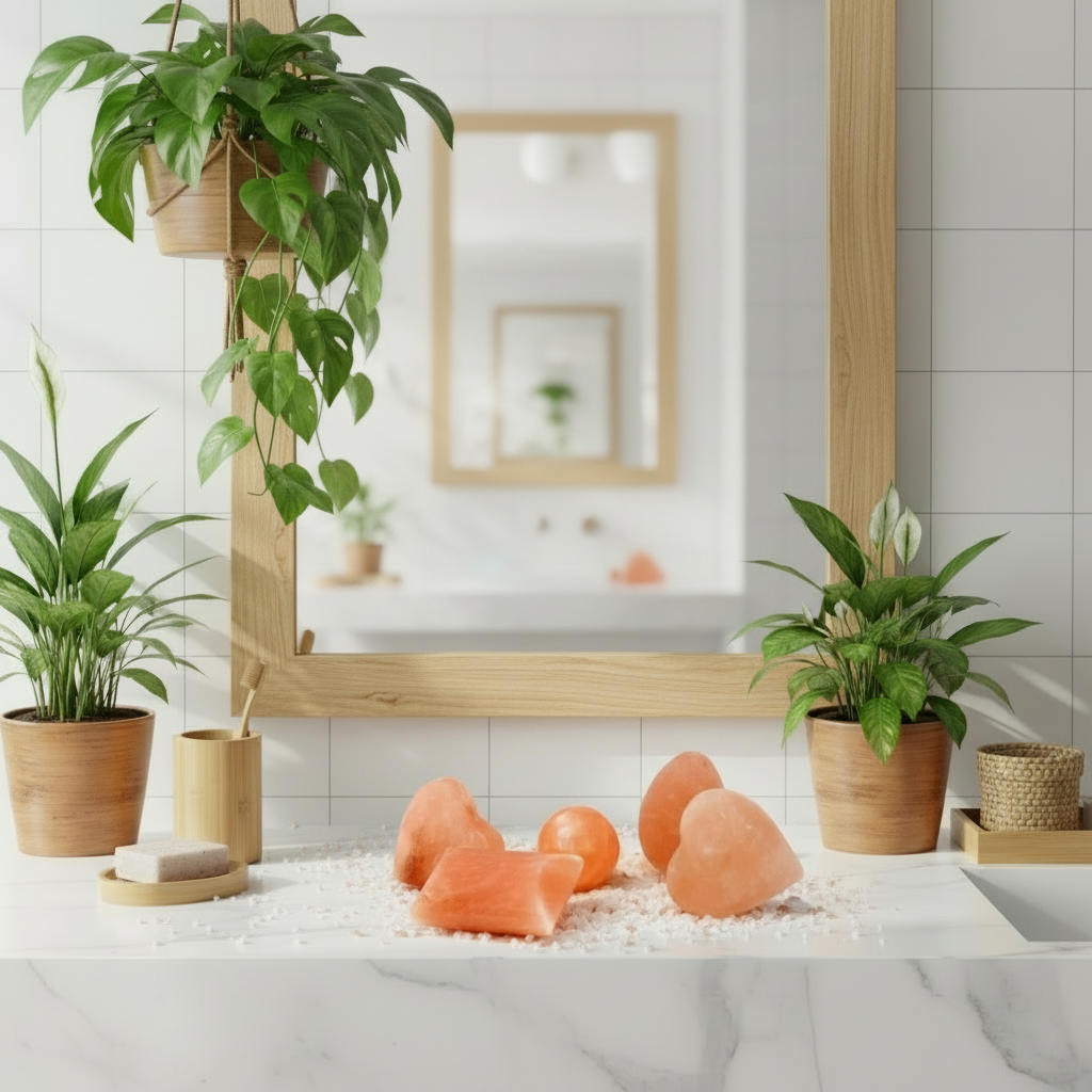 eco-friendly salt deodorant, in a modern white bathroom with exotic plants