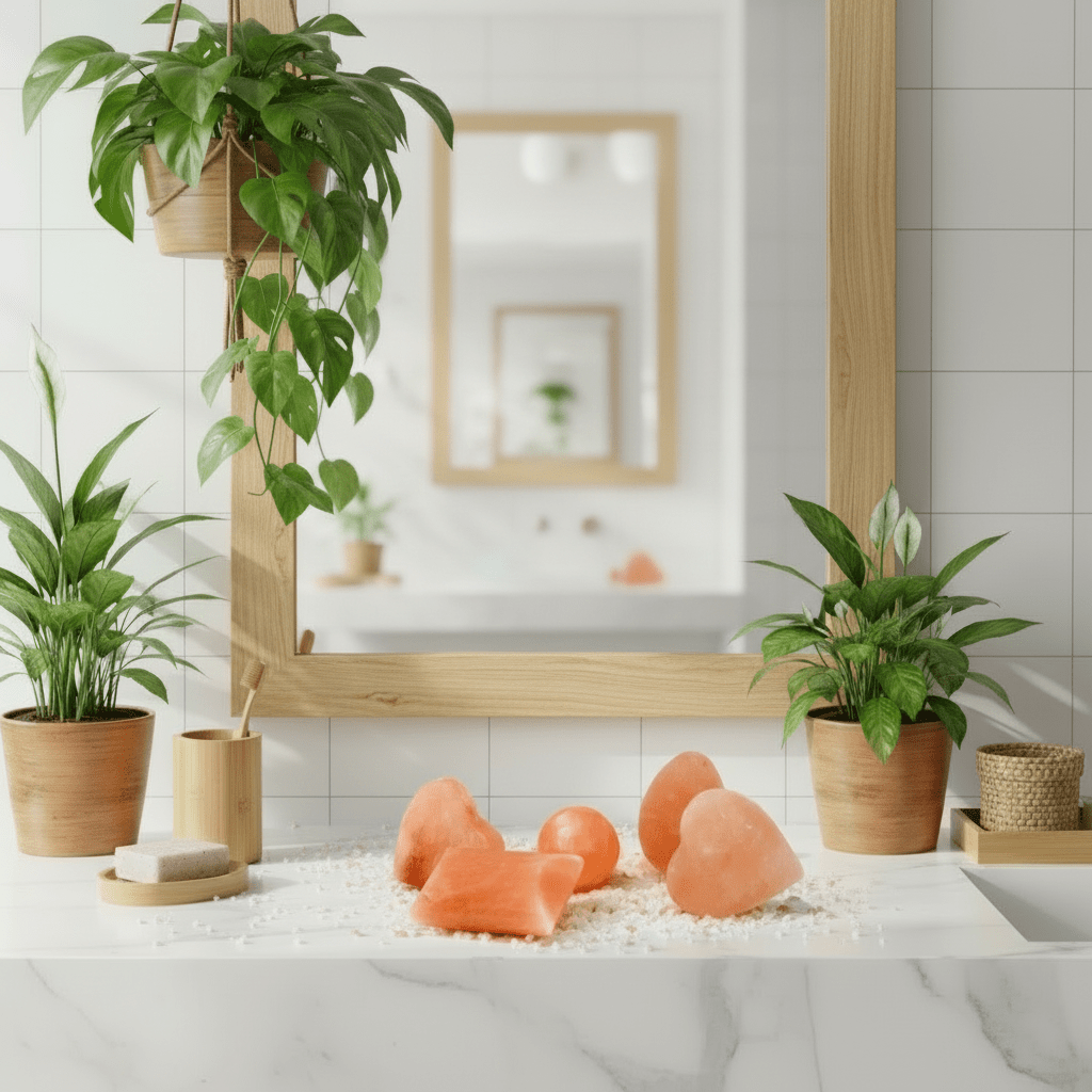 eco-friendly salt deodorant, in a modern white bathroom with exotic plants