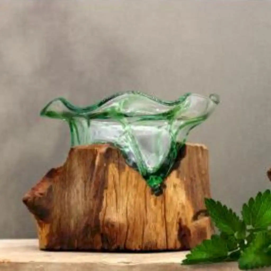 AW Home Eco-Friendly Decorative Bowl Green - Recycled Beer Bottle Glass on Wood Stand Home & Garden > Decor > Decorative Bowls > Green Glass Bowl > Recycled Beer Bottles Molton Glass on a Sustainable Wood Base Bowls emmy-jane-boutique.myshopify.com