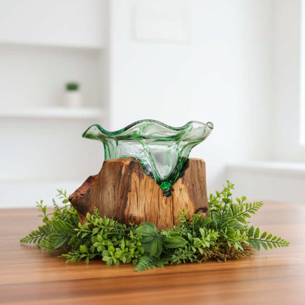 A recycled green glass bowl resting on a rustic wood slice, surrounded by green foliage, is displayed on a wooden table with a blurred indoor background.