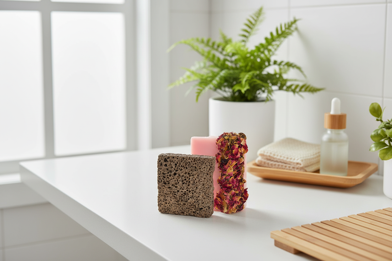 Bathroom counter with natural cleaning products and a plant