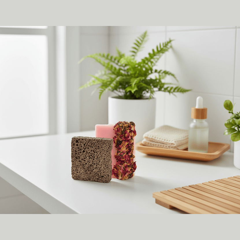 Bathroom counter with natural cleaning products and a plant