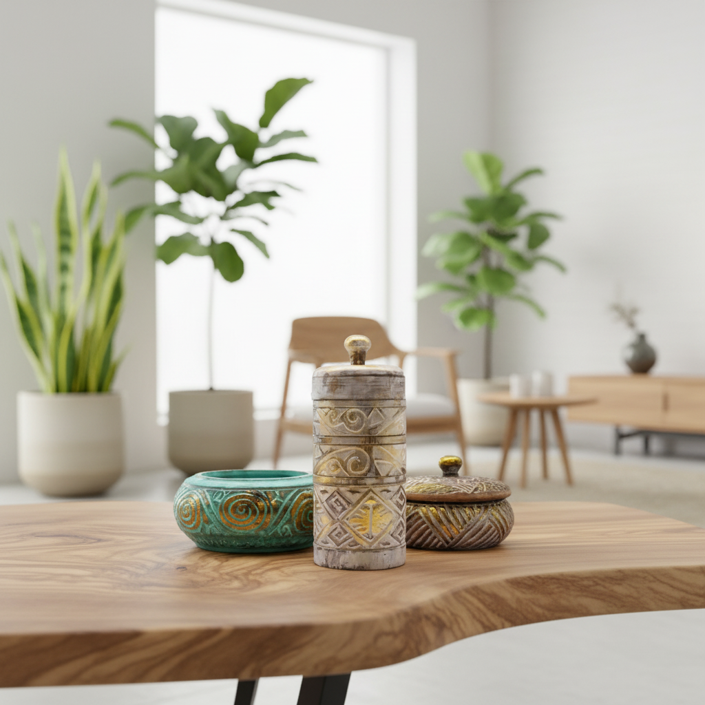 Decorative wooden jars on a wooden table with a blurred indoor setting