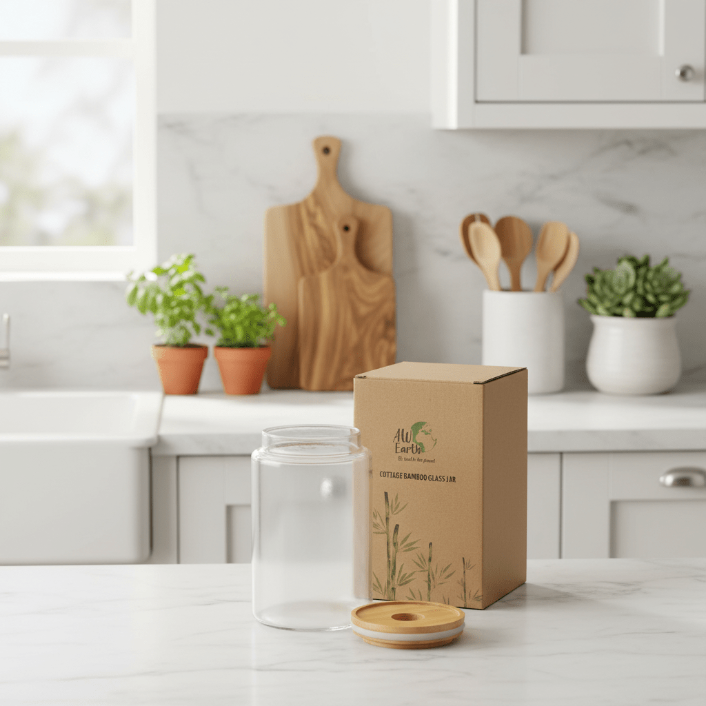 Kitchen counter with a glass jar, cardboard box, and wooden lid on a light-colored surface.