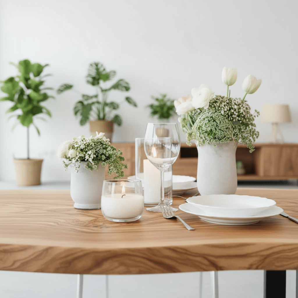 Dining table set with white plates, glasses, a white candle and flowers in a home setting.