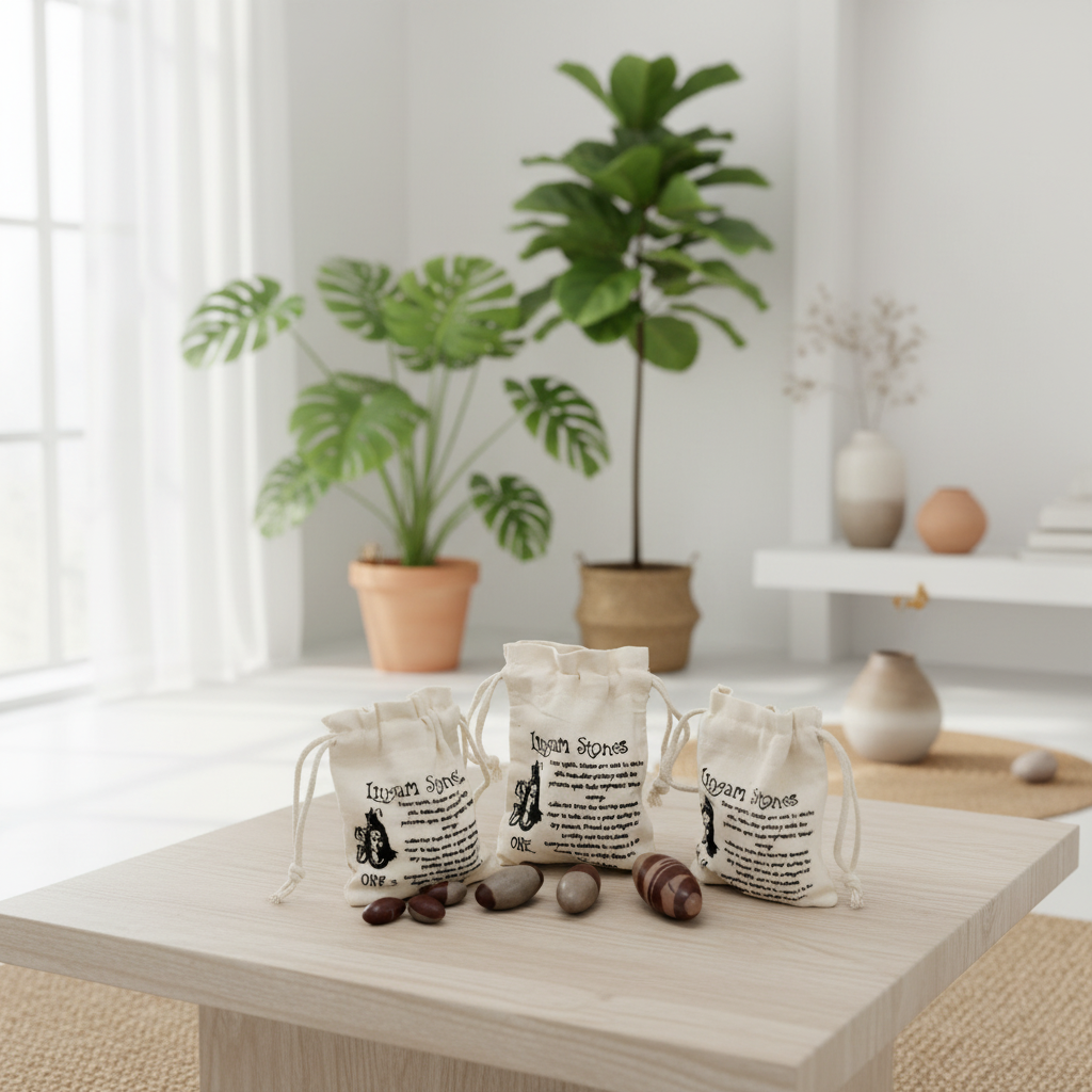 Three drawstring bags with text on a wooden table with decorative items and plants in the background.
