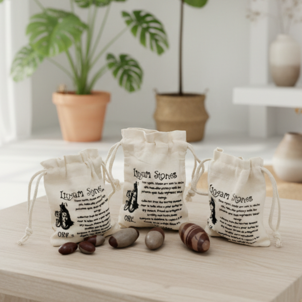 Three white drawstring bags labelled 'Ligam Stones' on a wooden surface with stones in front.