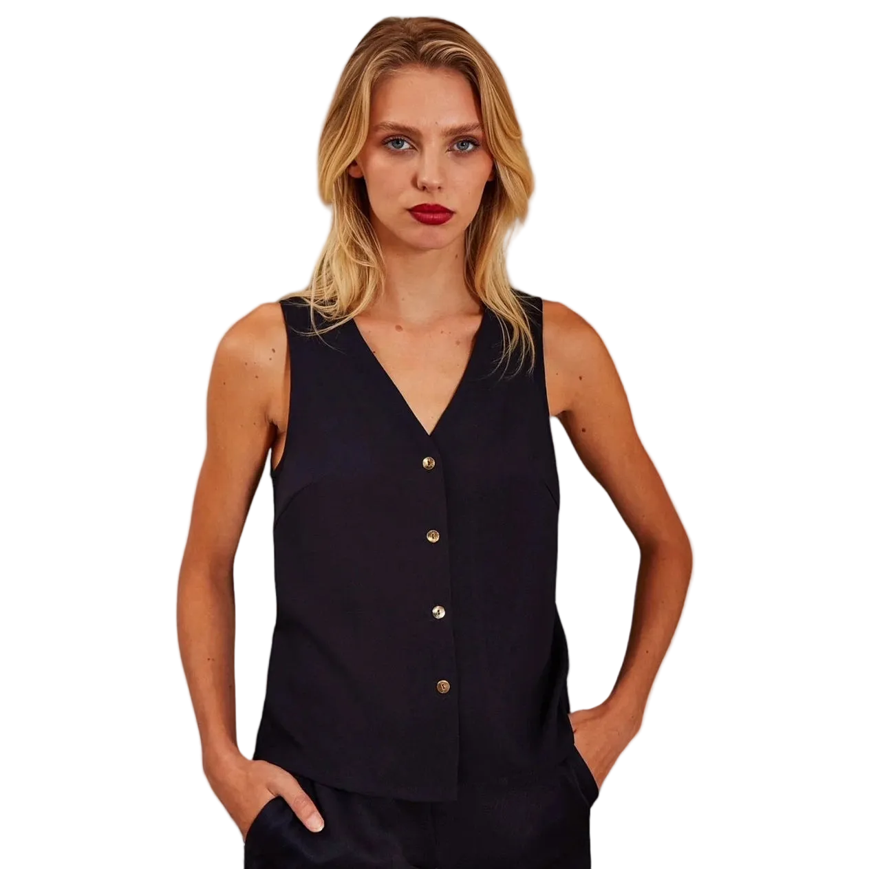 A woman modeling a sleeveless black V-neck top with a button-front detail, set against a plain white background.