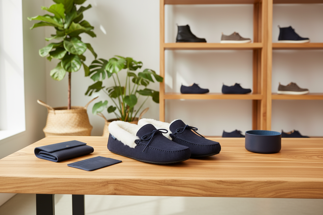 Navy slippers on a wooden table with a plant and shelves in the background