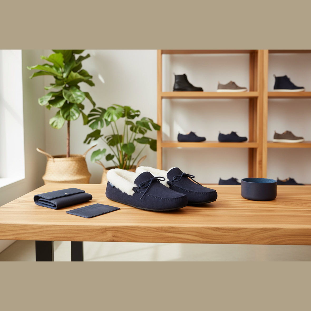 Navy slippers on a wooden table with a plant and shelves in the background