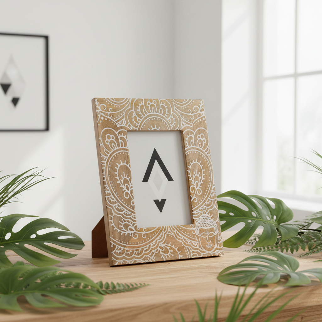 Decorative photo frame with mandala design on a wooden surface with plants.