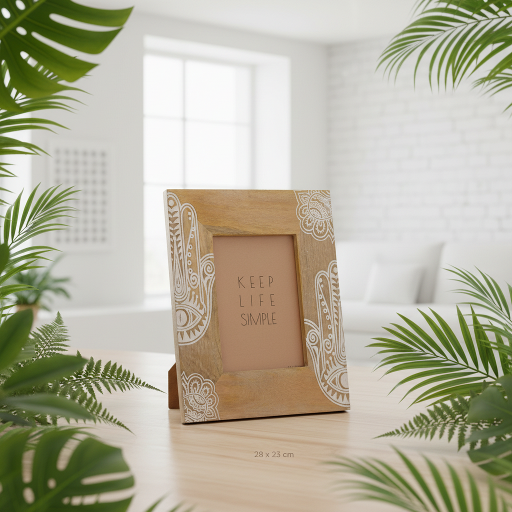 Wooden photo frame with decorative patterns and 'Keep Life Simple' text, surrounded by green plants.