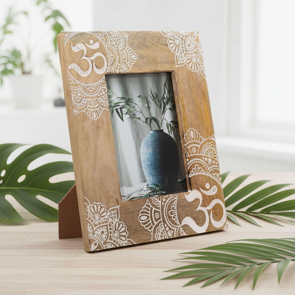 Wooden photo frame with decorative patterns and 'Om' symbol on a light background