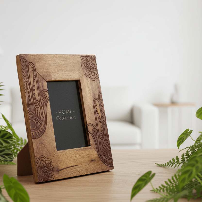 Wooden photo frame with decorative patterns on a table with plants