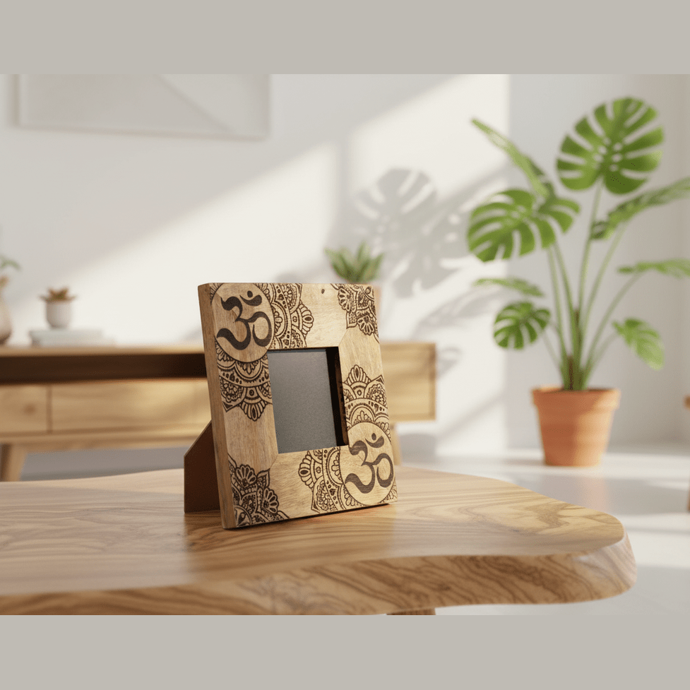 Decorative wooden frame with Om symbol on a wooden surface in a bright room with plants.