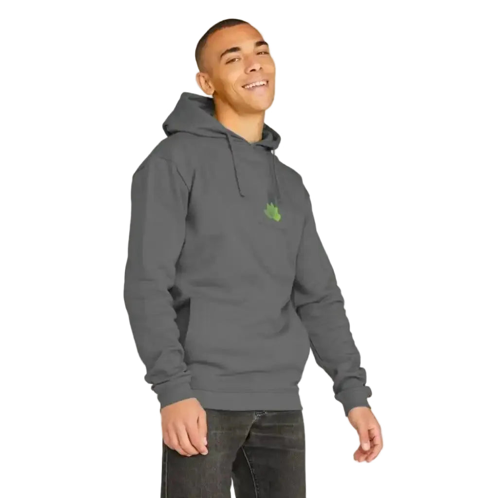 Person wearing a grey hoodie with a green logo on a light grey background