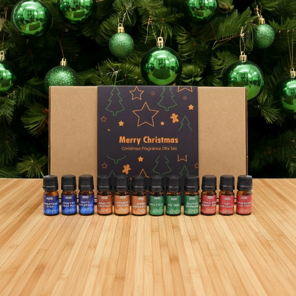 Set of Christmas fragrance oils with a decorative box in front of a Christmas tree.