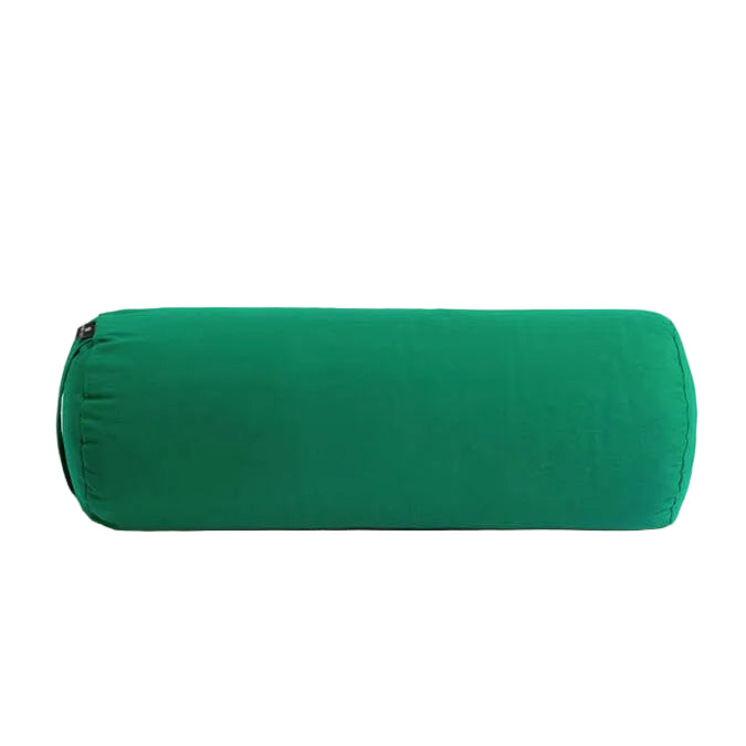 Green cylindrical pillow on a light gray background