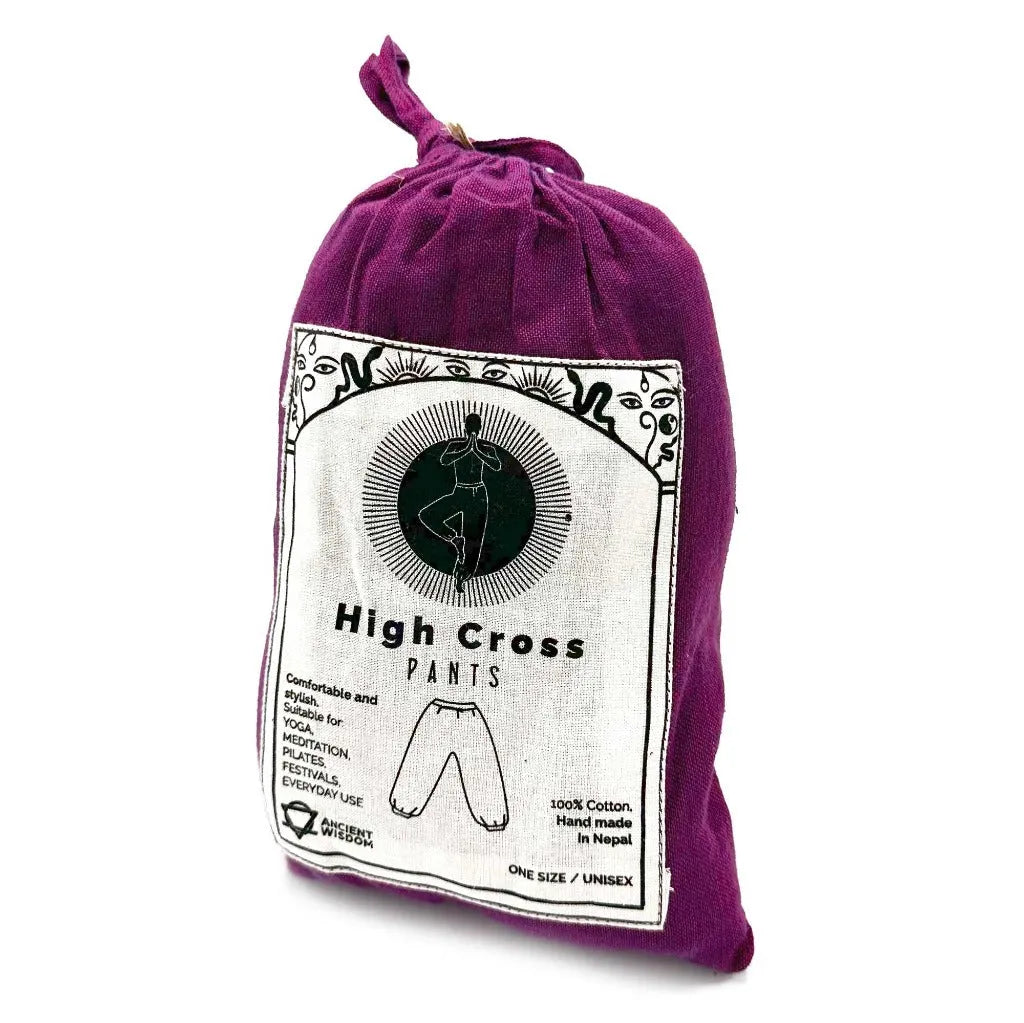 Packaged high cross yoga pants in a cotton pouch with a label on a white background
