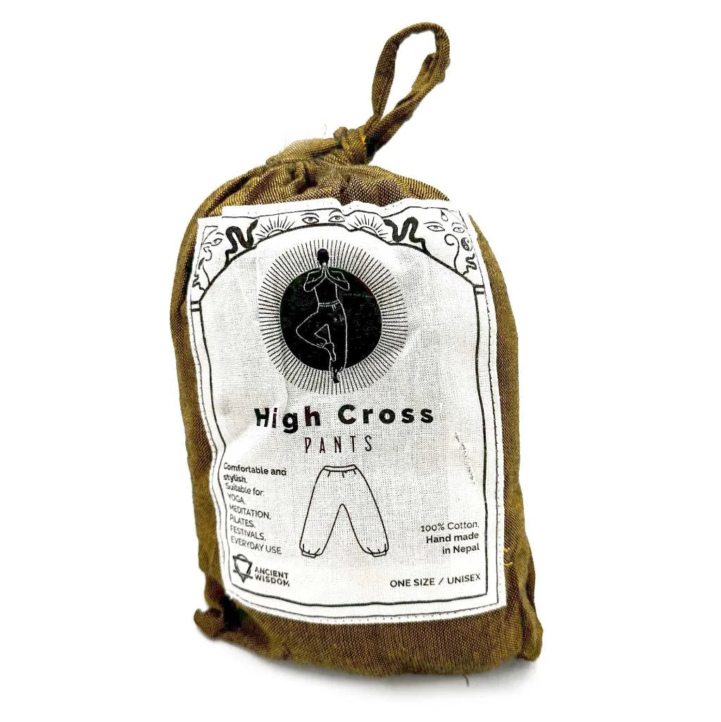 Packaged high cross yoga pants in a cotton pouch with a label on a white background