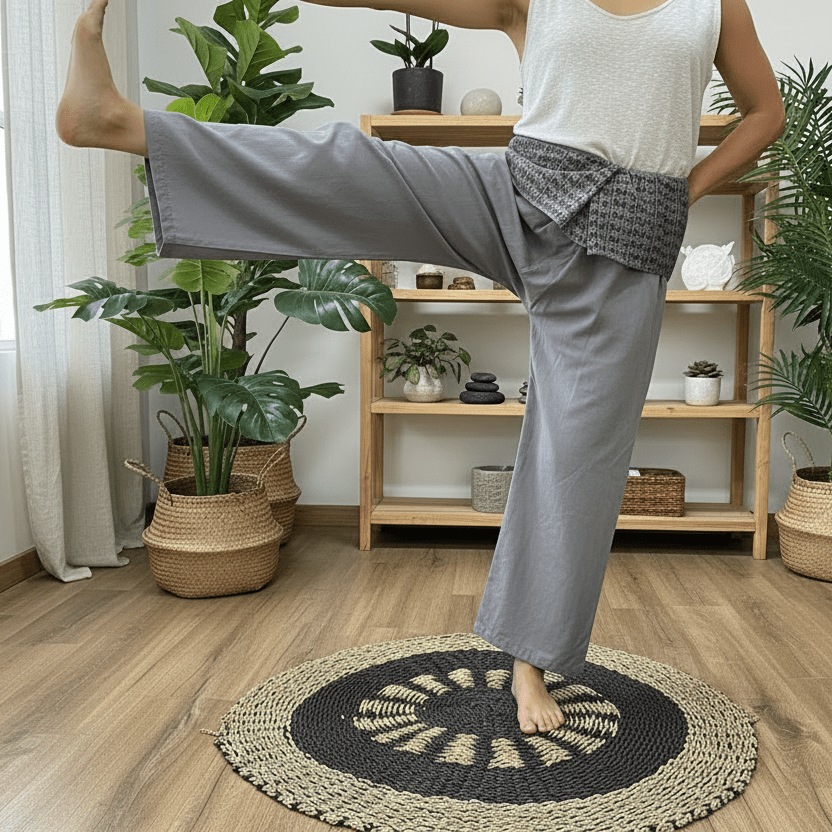 Person practicing yoga in a home setting with plants and shelves.