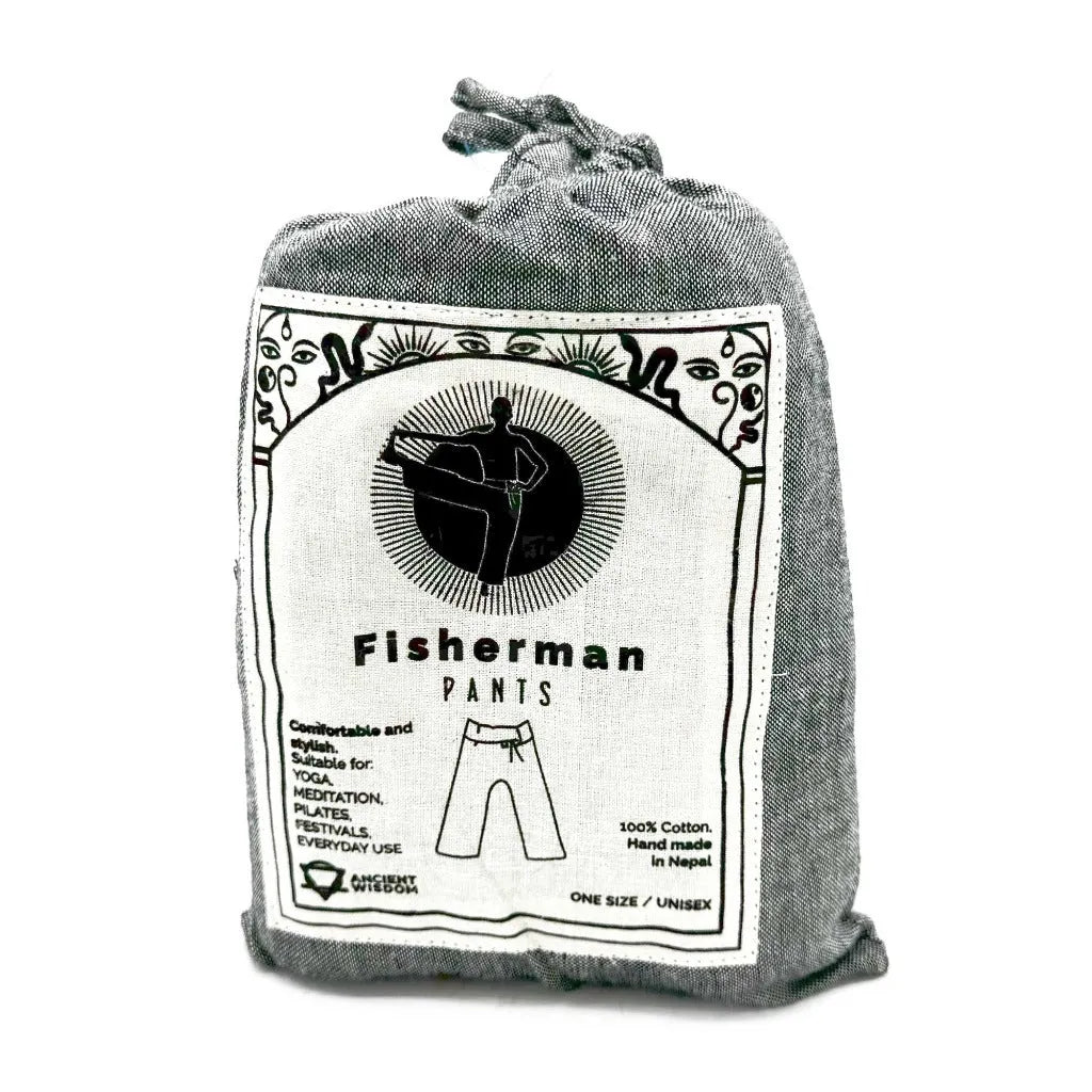 Packaged fisherman yoga pants in a cotton pouch with a label on a white background