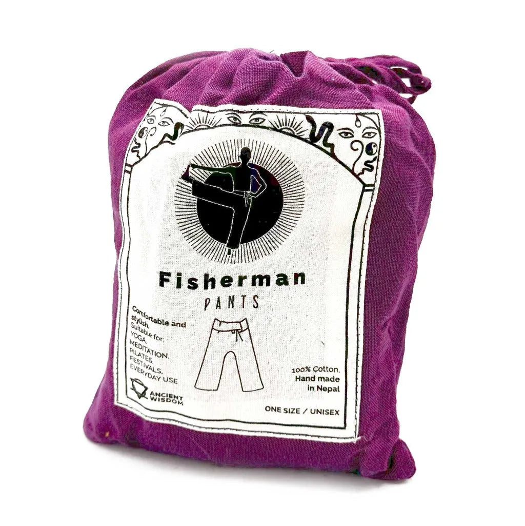 Packaged yoga pants in a purple cotton pouch with a label on a white background