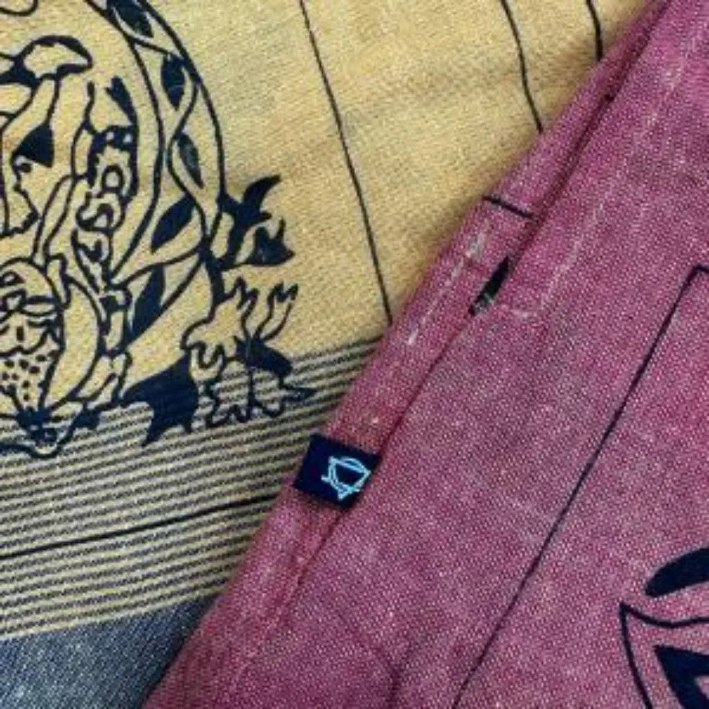 Ancient Wisdom Cotton Yoga Trousers Comfy Festival Pants. close-up fabric