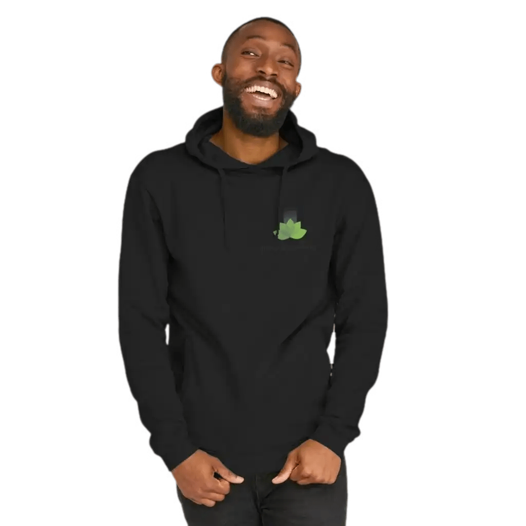 Person wearing a black hoodie with a green logo on a transparent background